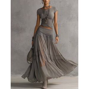 Luxury Boutique Layered Lace Maxi Skirt/Top Set Gray Romantic Cottagecore XL